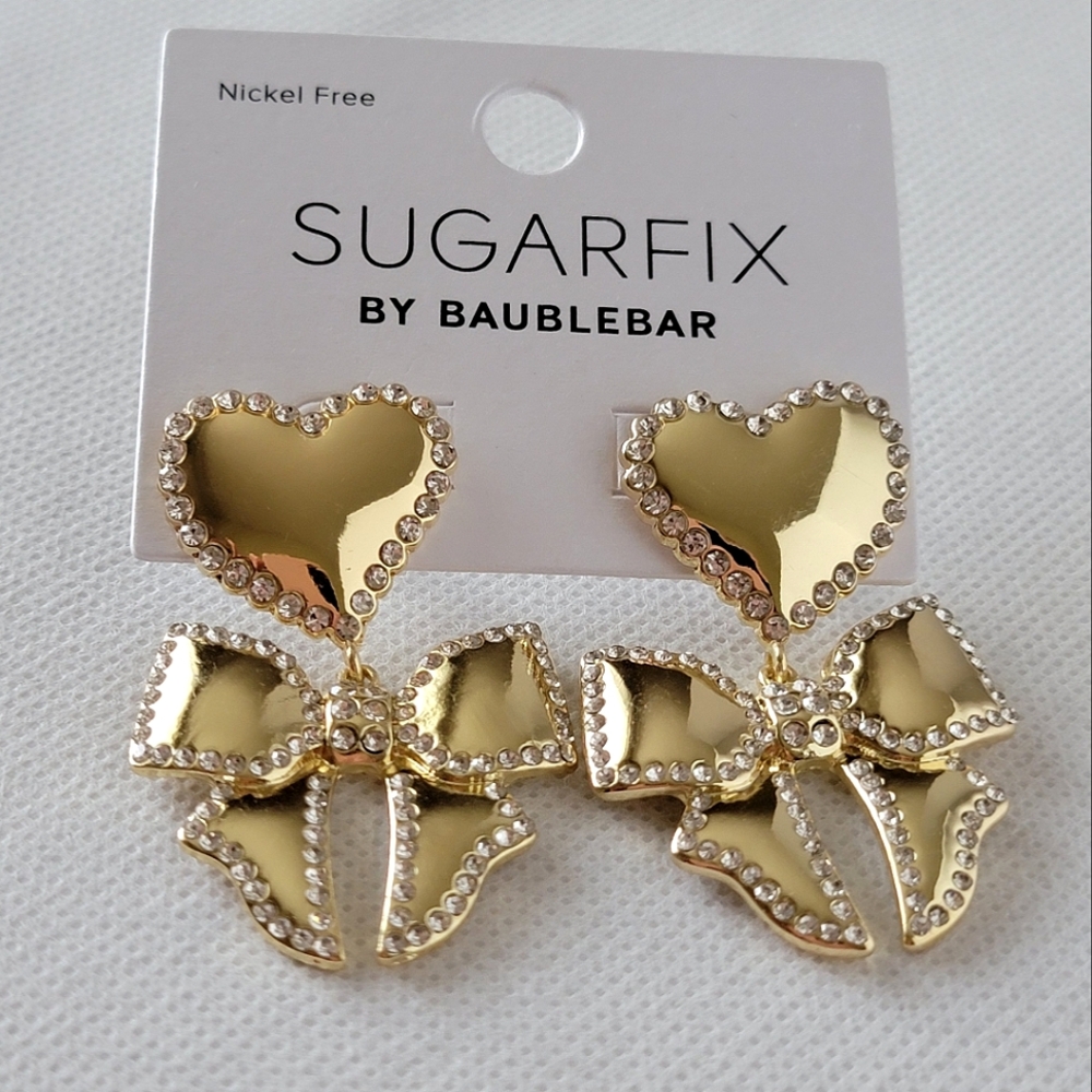 Rhinestone Heart and Bow Dangling  Earrings Gold Tone | Sugarfix by BaubleBar